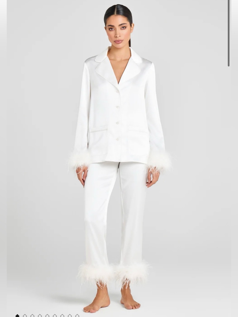 NADINE MERABI “Darcie” Ivory Satin Feather-Trim Pajama Set